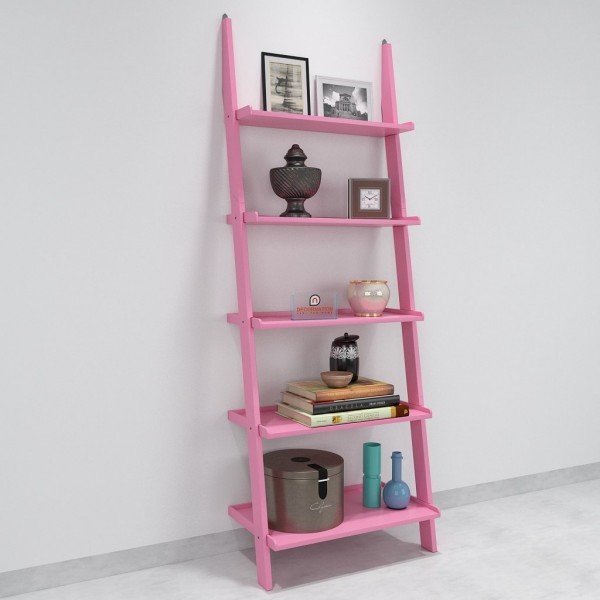 Jasper Leaning Wall Bookcase Ladder Shelf for Storage & Display – Pink