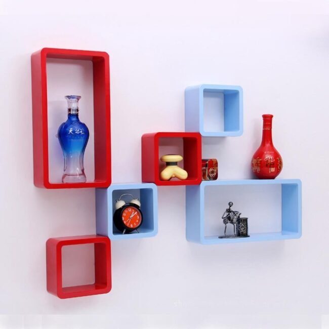 skyblue red cube rectangle wall shelves-for-interior-decoration