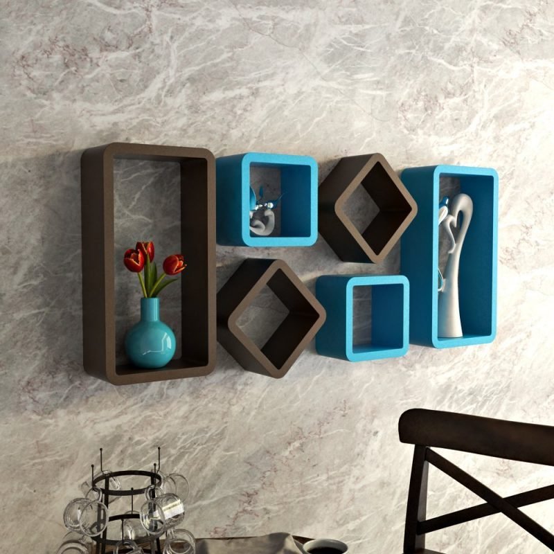 Wall Shelf Rack Set of 6 Cube Rectangle Shelves For Storage/Display