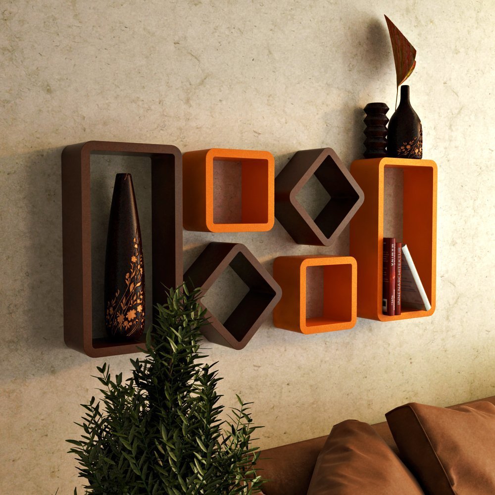 Set of 6 Cube Rectangle Wall Shelves for Storage & Display – Orange & Brown