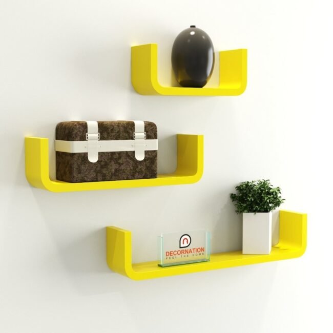 yellow u shape round corner wall racks for bedroom