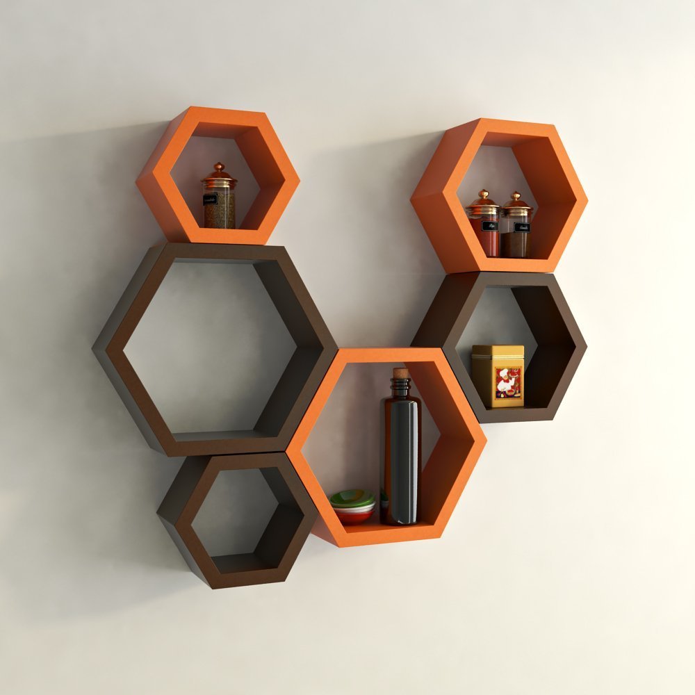 Set Of 6 Hexagon Wall Shelves for Storage & Display – Orange & Brown
