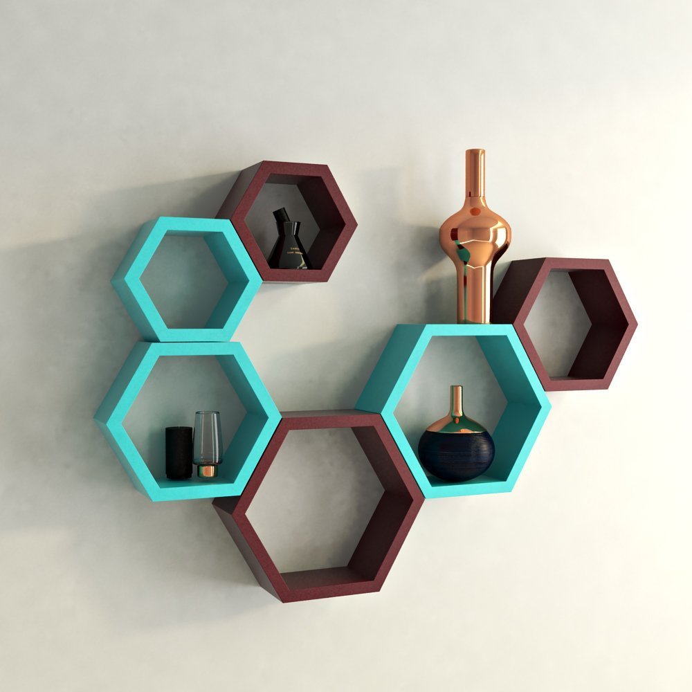 Set Of 6 Hexagon Wall Shelves for Storage & Display – Maroon & Sky Blue
