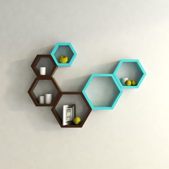 decorative hexagon skyblue brown wall shelves