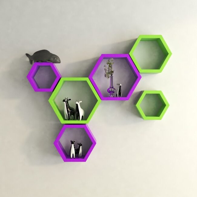 decorative hexagon wall shelves purple green