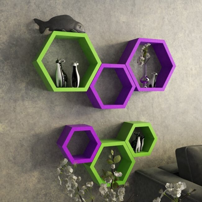 designer hexagon purple green wall shelf brackets