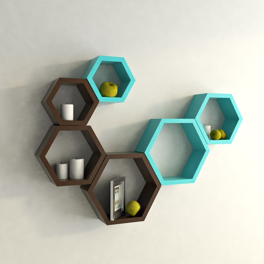 Set Of 6 Hexagon Wall Shelves for Storage & Display – Brown & Skyblue