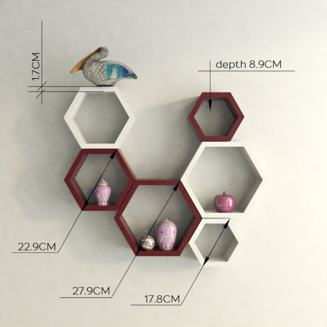 designer hexagon white maroon wall racks for storage