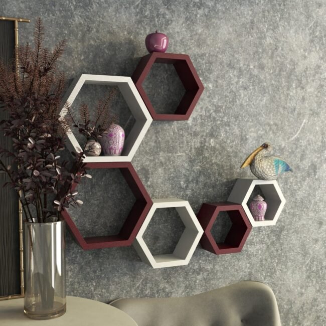 floating hexagon white maroon wall shelves