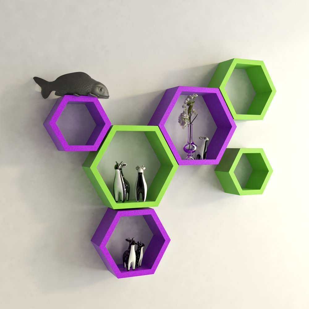 Set Of 6 Hexagon Wall Shelves for Storage & Display – Green & Purple
