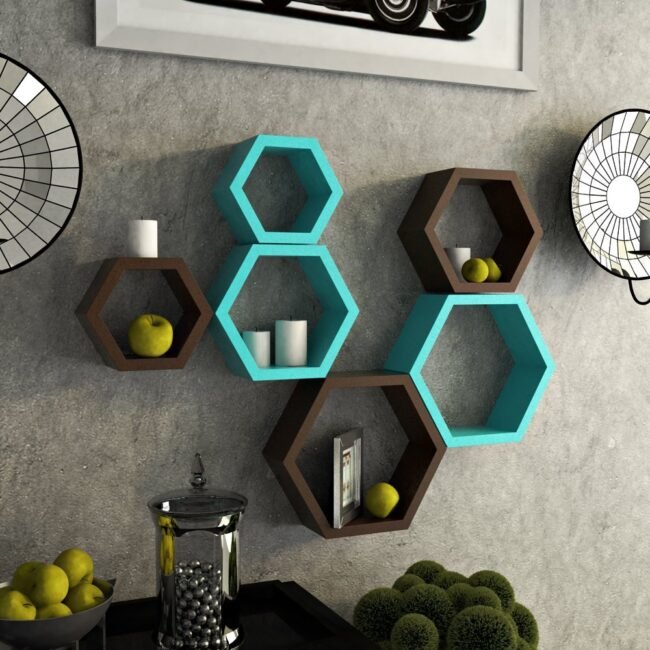 set of 6 hexagon skyblue brown wall rack