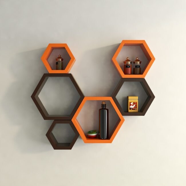 set of 6 orange brown decorative wall shelves