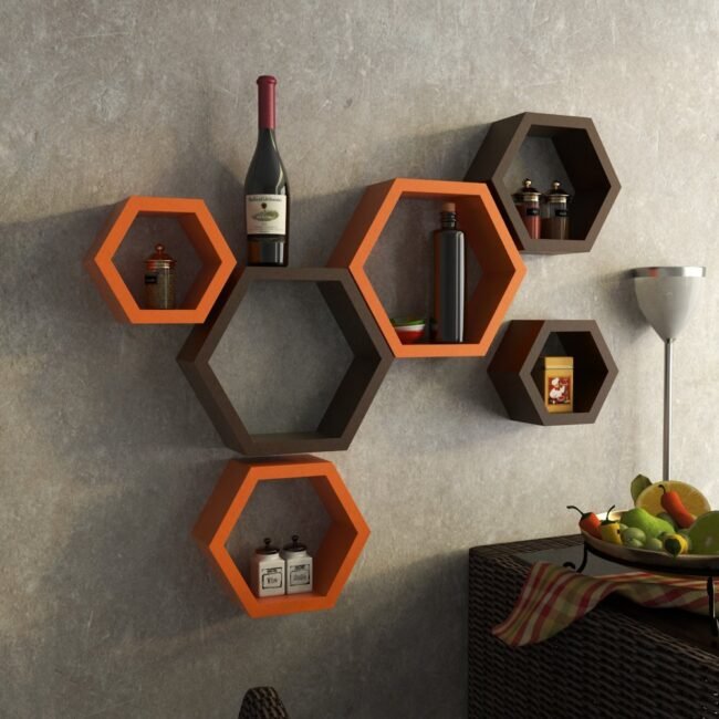 set of 6 wall shelves orange brown