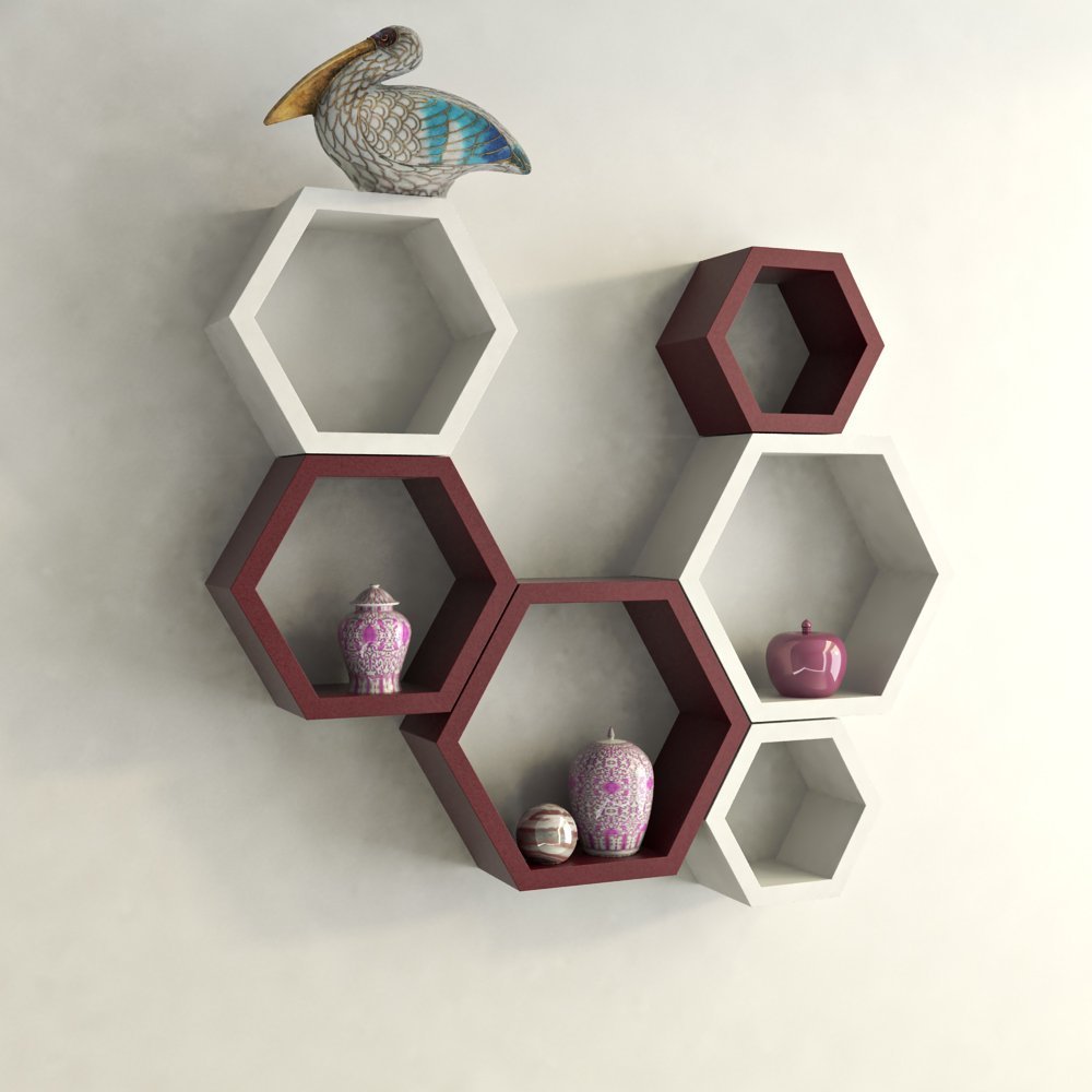 Set Of 6 Hexagon Wall Shelves for Storage & Display – Maroon & White