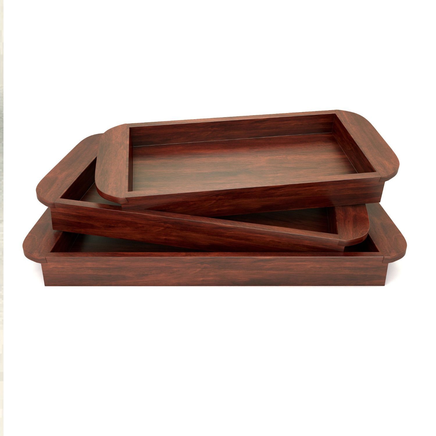 Solid Wood Serving Tray Set of 3 U Shape Trays With Handles – Mahogany Finish