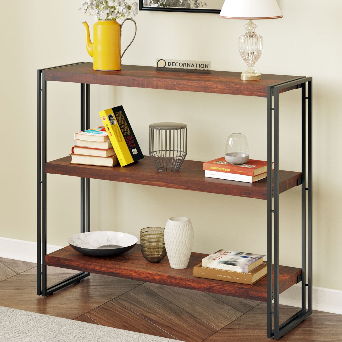 Indsutrial Rustic Book Shelf with Iron Legs – Natural Wood Finish