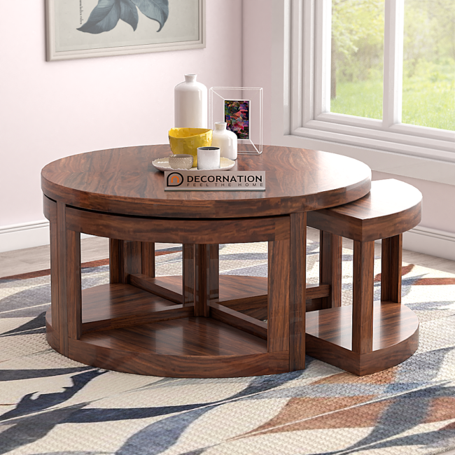 Leicester Circular Coffee Table with 4 Stools - Brown