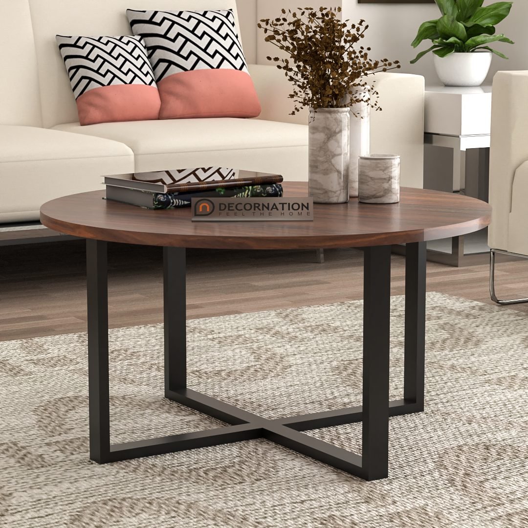 Norwich Circular Wooden Coffee Table with Metal Legs Criss-Crossed