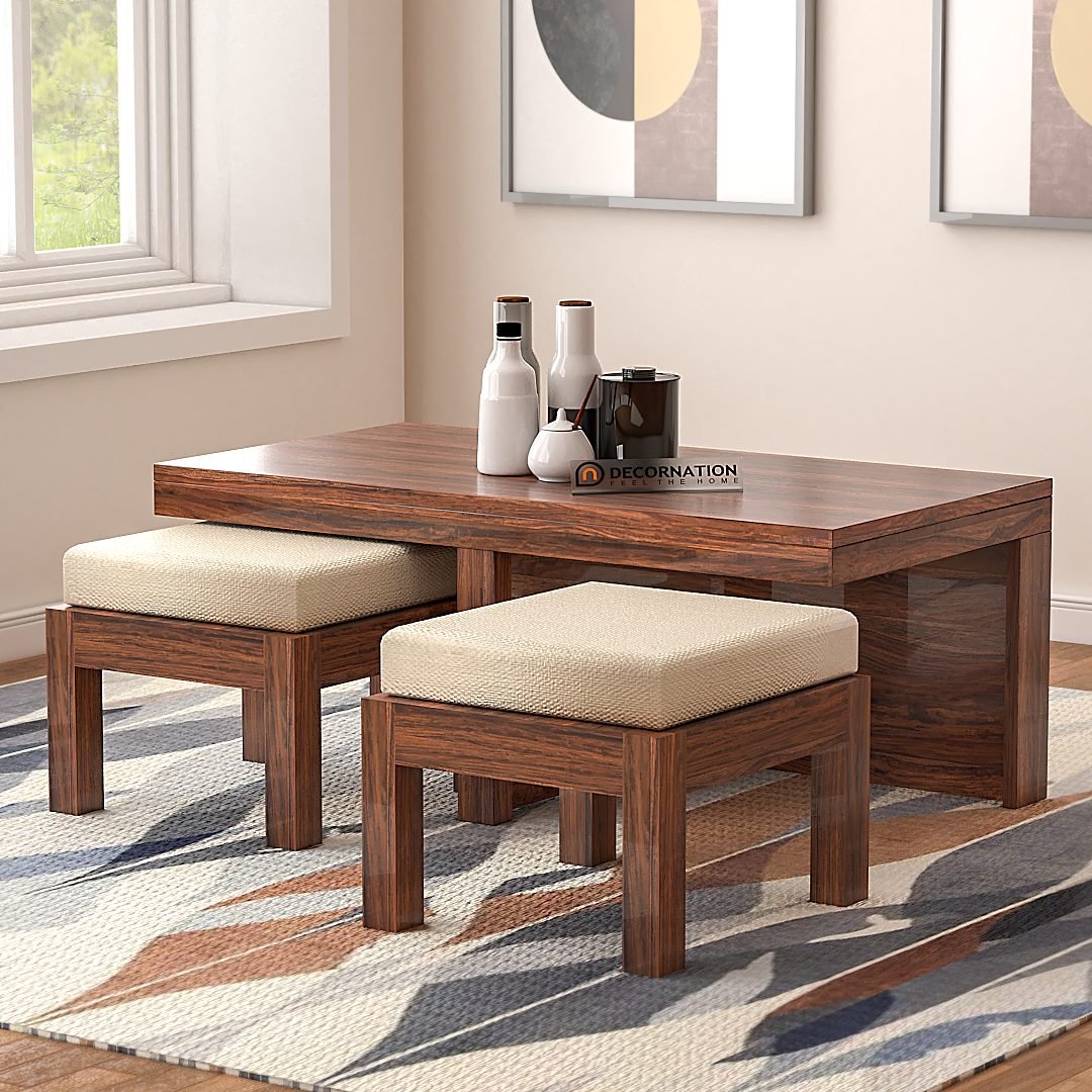 Cambridge Wooden Coffee Table with 2 Stools – Brown