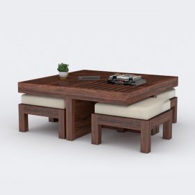 Dundee Wooden 4 Stool with Cushion Coffee Table - Brown - Image 4