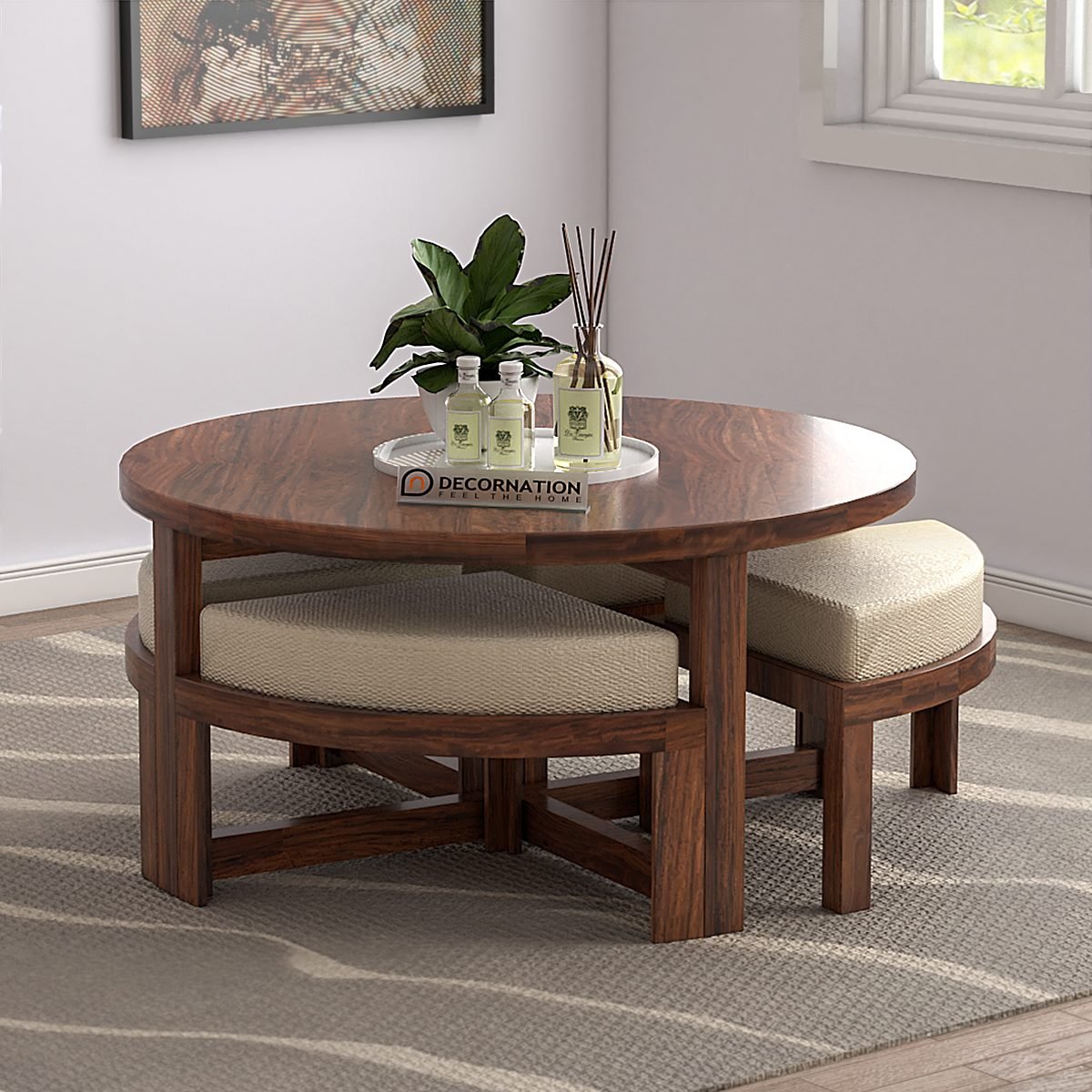 Exeter Circular Coffee Table with 4 Stools – Natural Finish