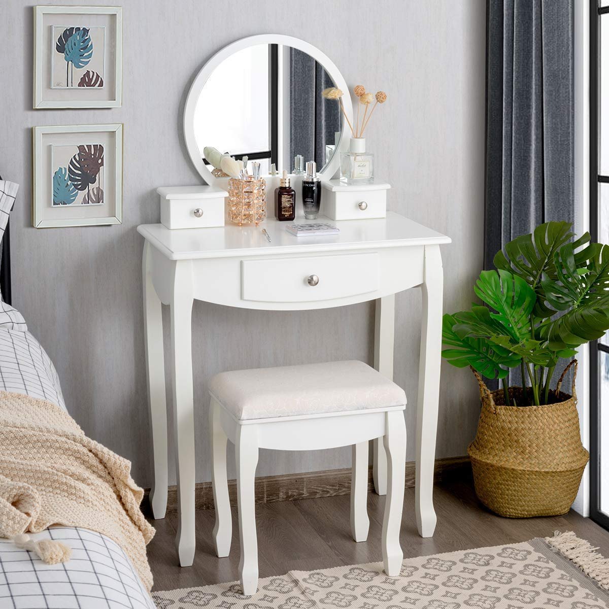 Ithaca Circular Mirror Wooden  Dressing Table with Drawer Storage – White