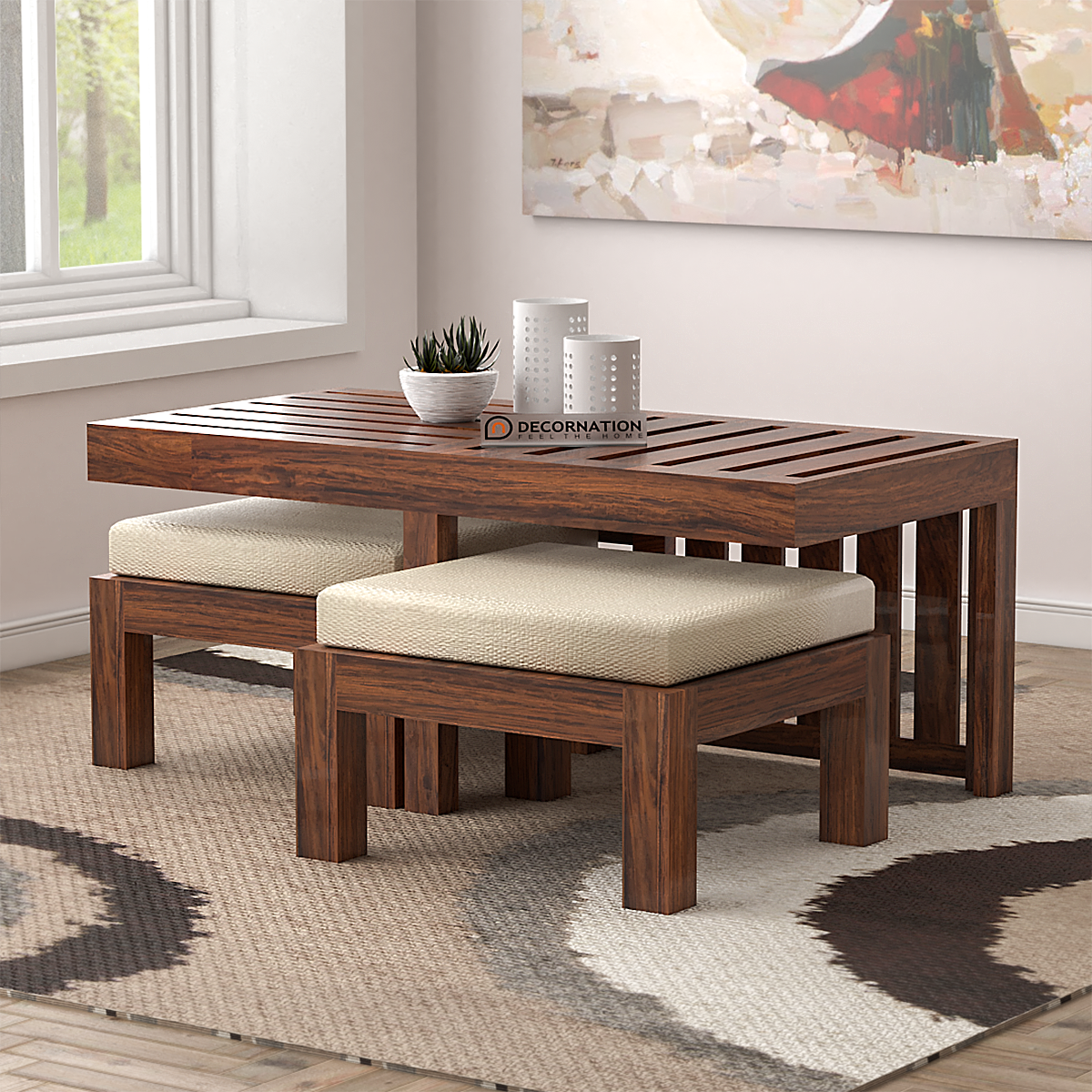 Myron Wooden Coffee Table 2 Stools – Natural Finish