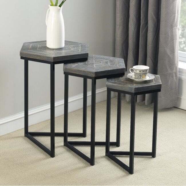 Lamia Wooden Hexagonal Nesting Table Set of 3 - Black