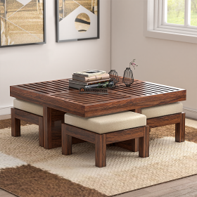 Dundee Wooden 4 Stool with Cushion Coffee Table - Brown