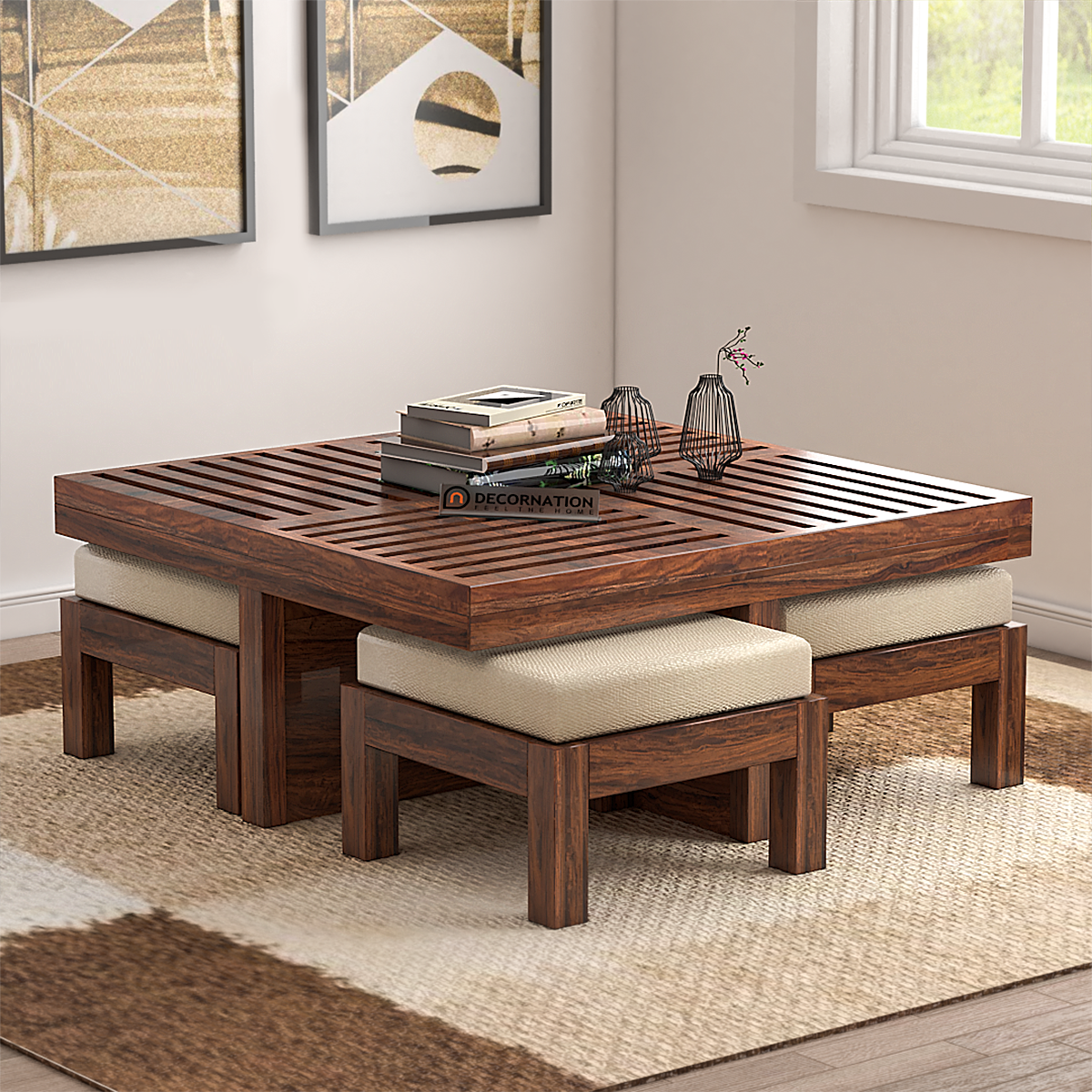 Dundee Wooden 4 Stool with Cushion Coffee Table – Brown