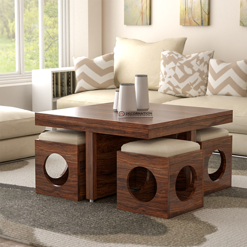 Exeter Solid Wooden Circular Coffee Table with 4 Stools Natural