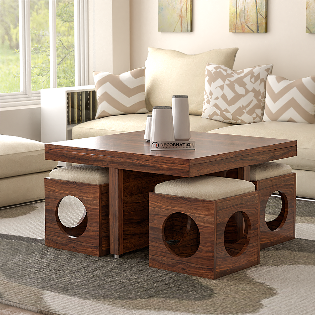 Belfast Wooden Coffee Table With 4 Stools – Brown