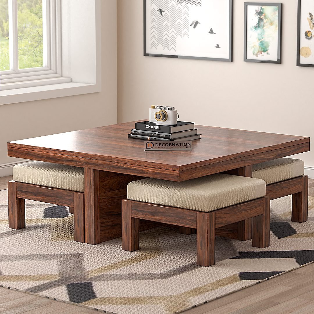 Lanthe Wood Coffee Table with 4 Stools – Brown