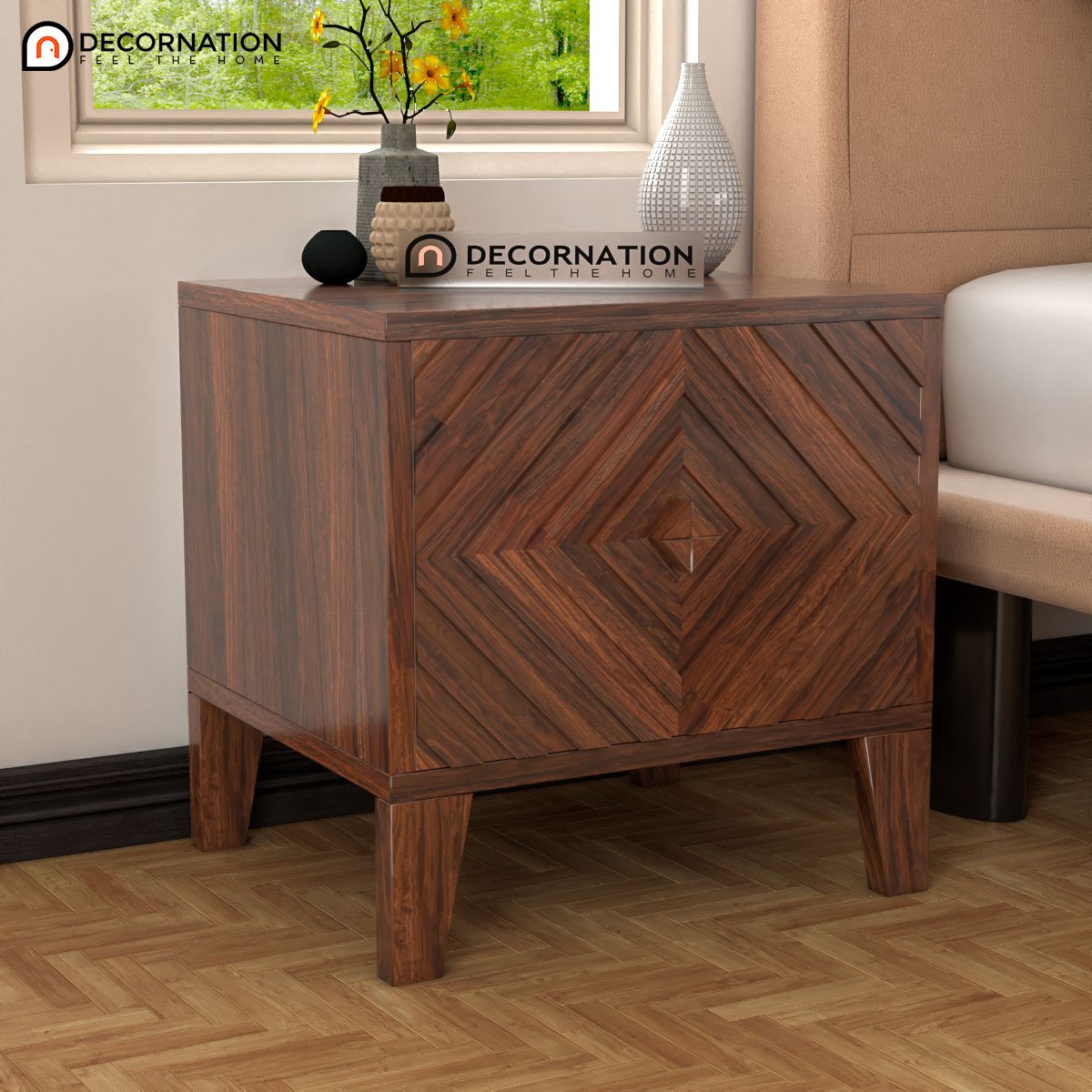 Tweed Storage Wooden Bedroom Side Table – Brown