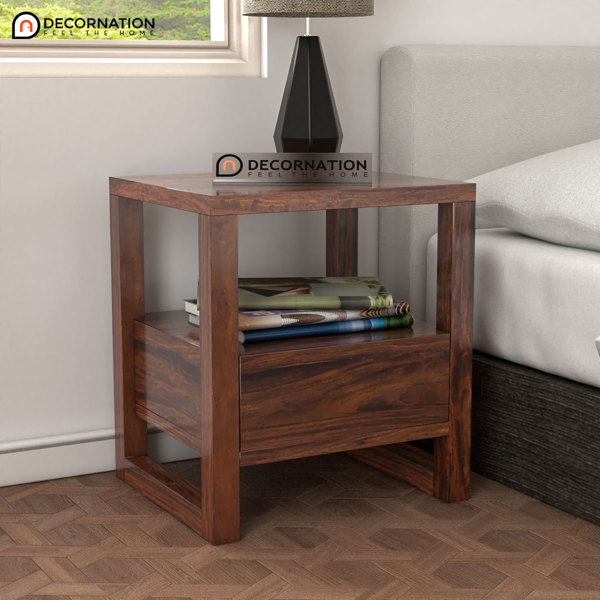 Saar Wooden Storage Bedroom Side Table – Brown
