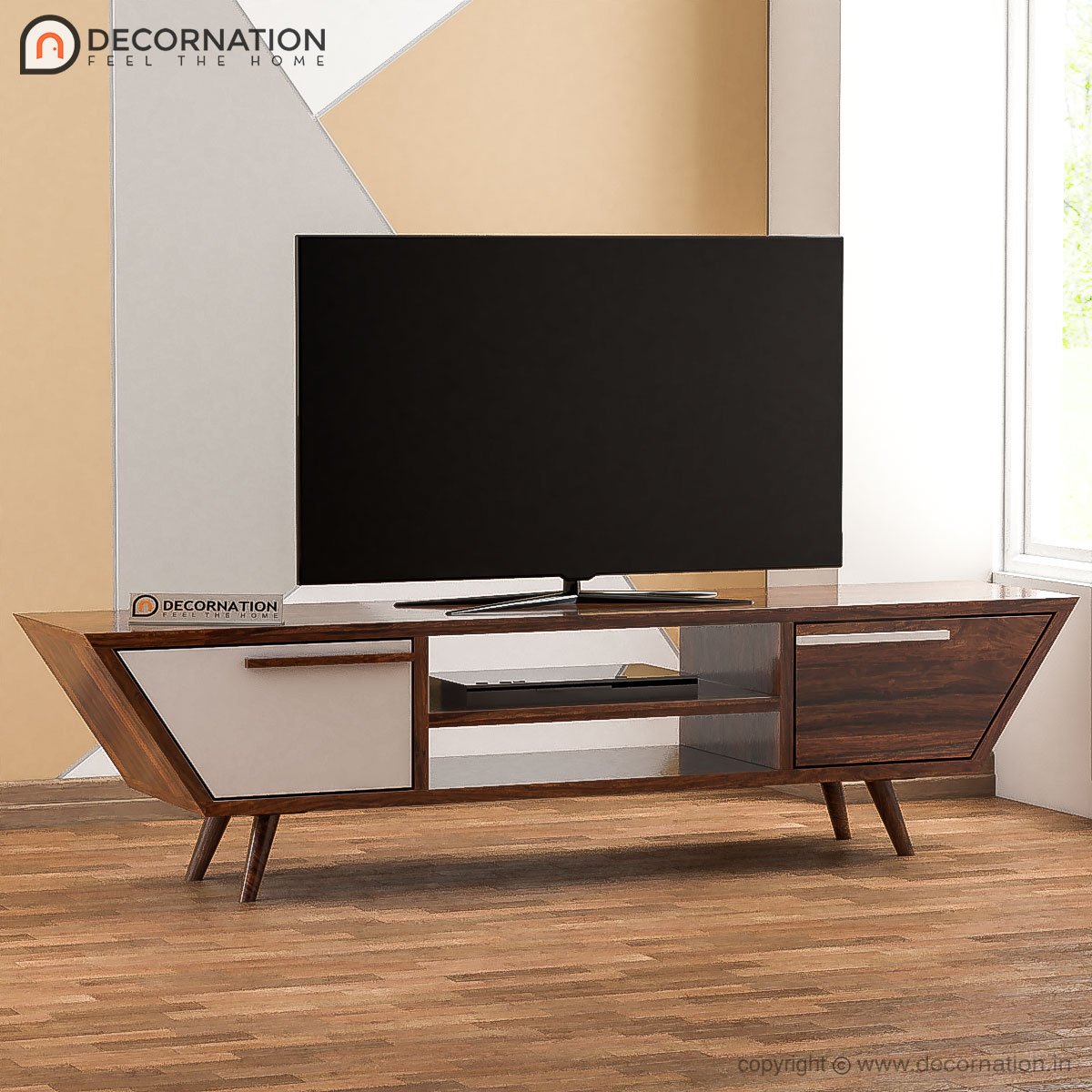 Philo Wood Storage TV Table with 2 Drawers and Shelf – Natural Finish