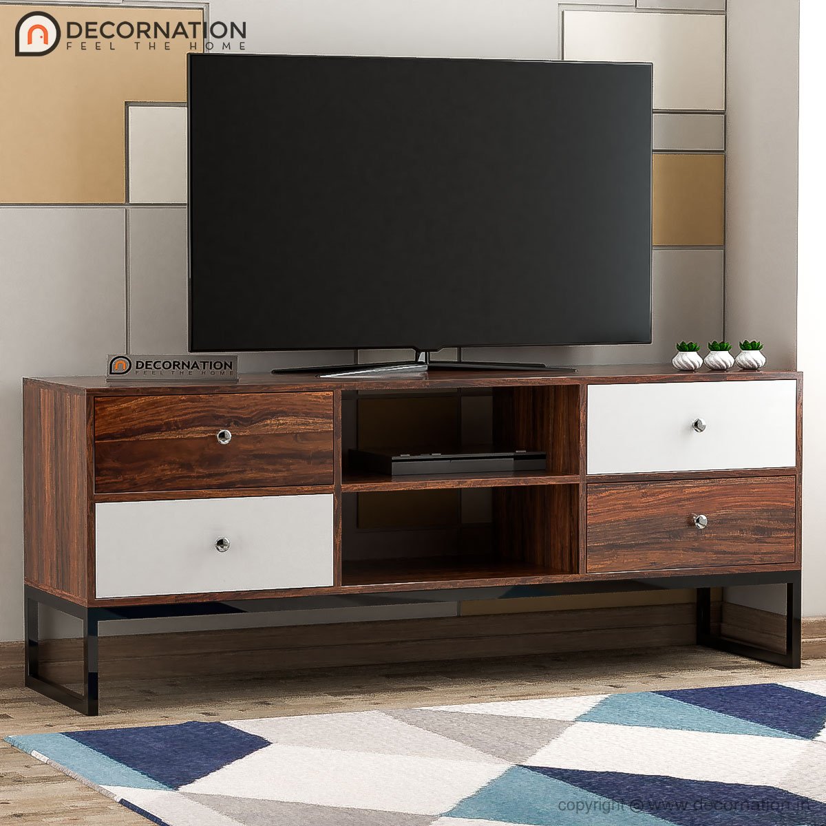 Eris Wood TV Table With 4 Drawers – White and Brown