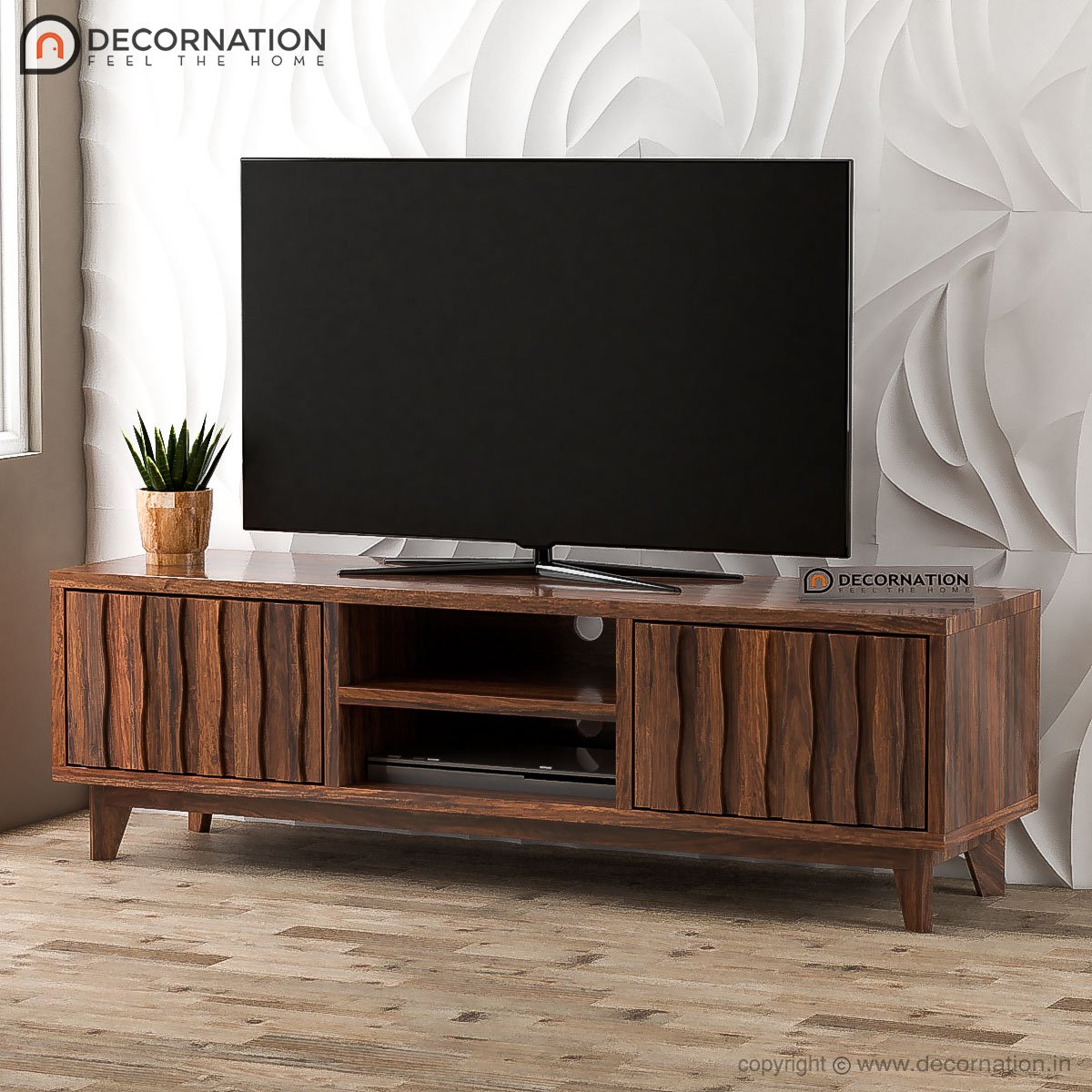 Peder Wood Designer Storage TV Table – Natural Finish