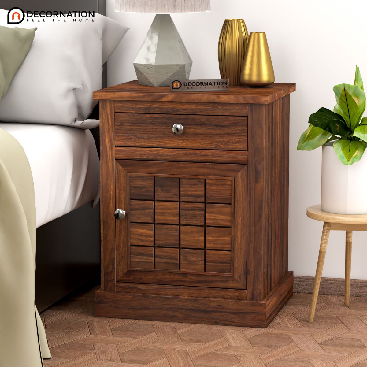 Irene Wooden Bedside Table With Storage – Natural Finish