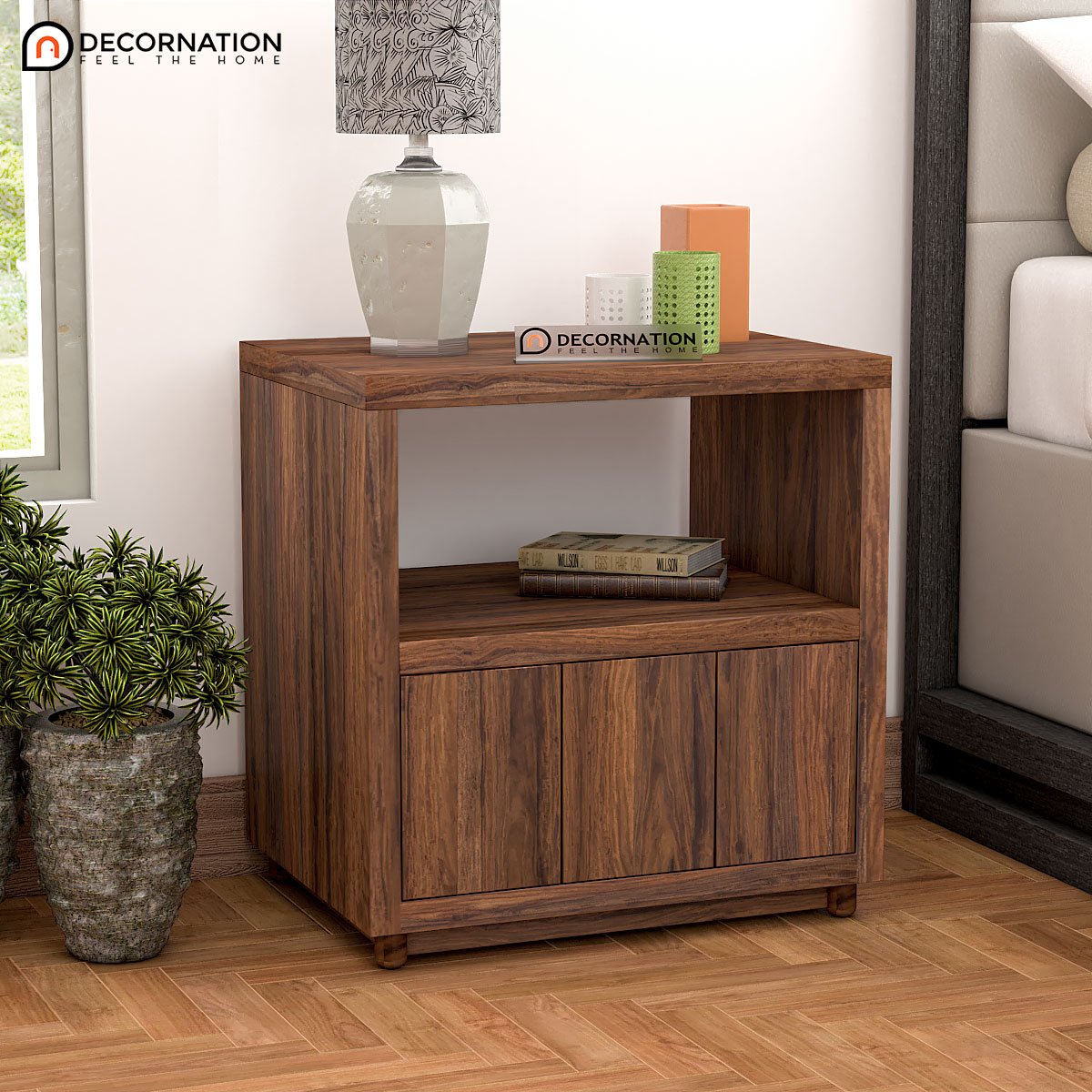 Eudora Wooden Storage Bedroom Side Table – Brown