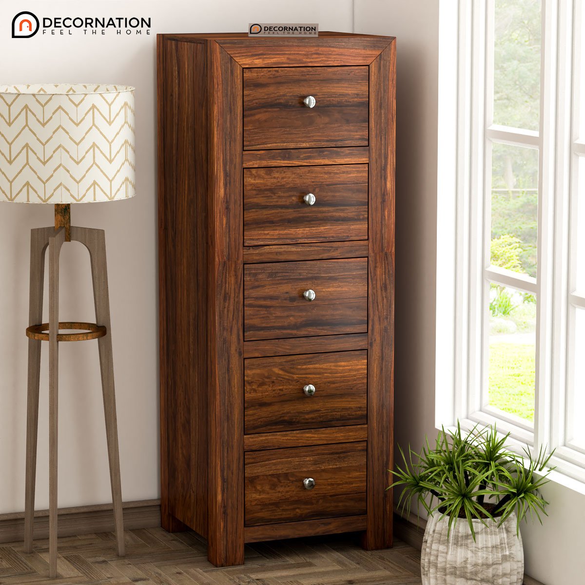 Pydna Wooden 5 Drawers Livingroom Storage Cabinet – Natural Finish