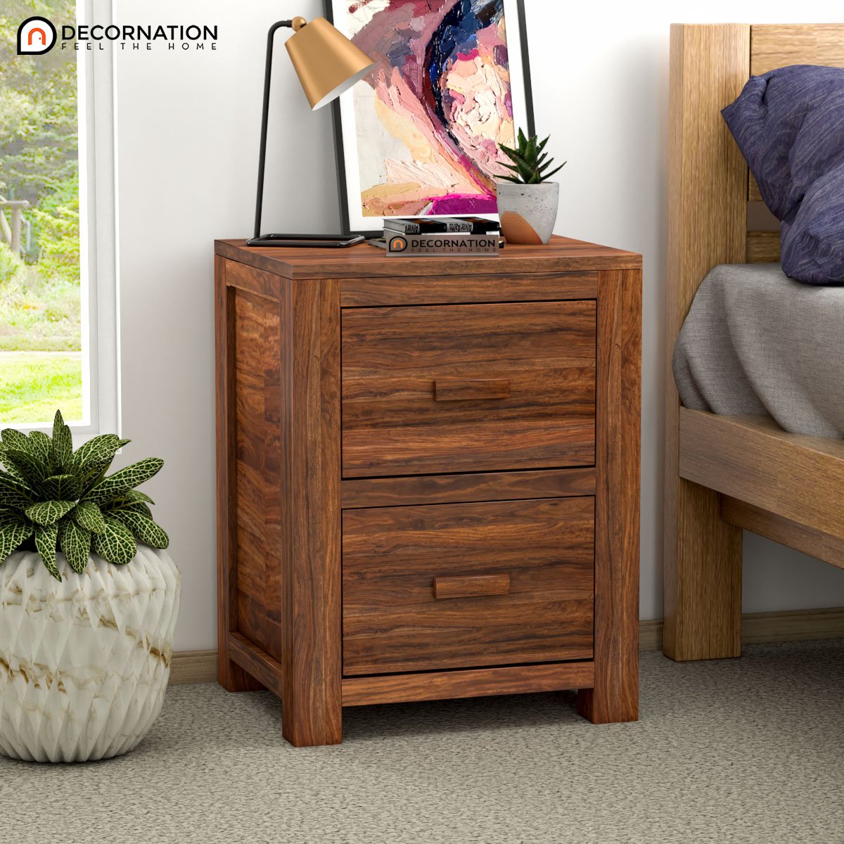 Kyros Wooden Bedside Table With Storage – Natural Finish