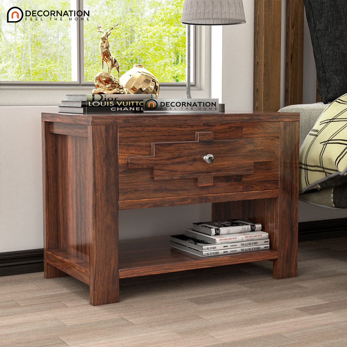 Ume Wooden Storage Bedroom Side Table - Brown - Decornation