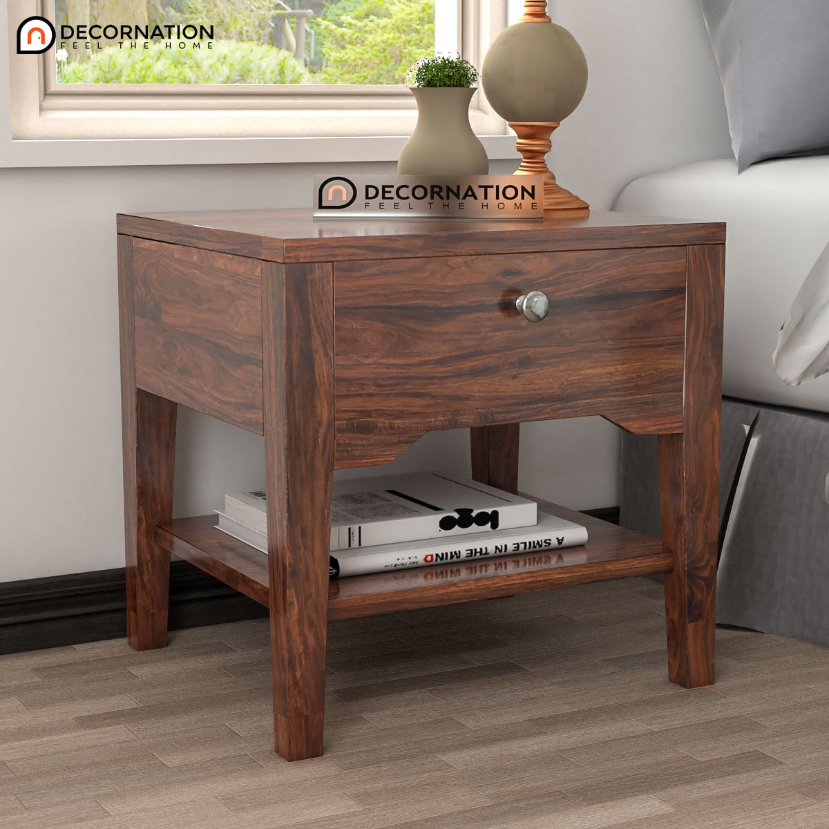 Plutus Storage Wooden Bedroom Side Table – Brown