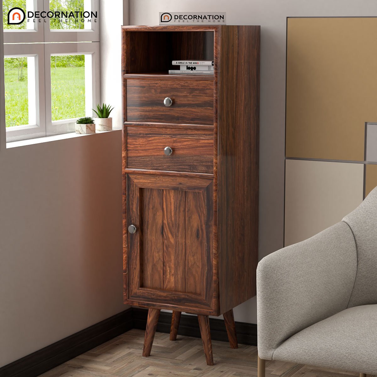 Oreus Wooden Storage Cabinet with 1 Shelf and 2 Drawers – Brown