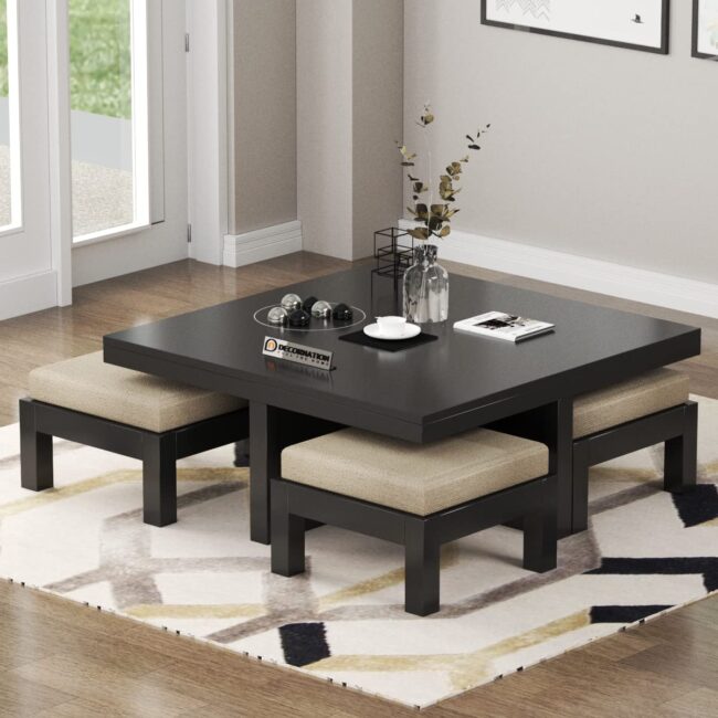 Lanthe Wood Coffee Table with 4 Stools - Image 7