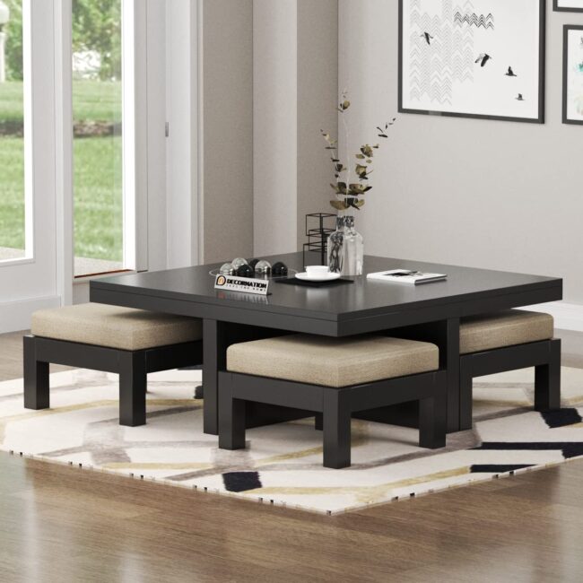 Lanthe Wood Coffee Table with 4 Stools - Image 8