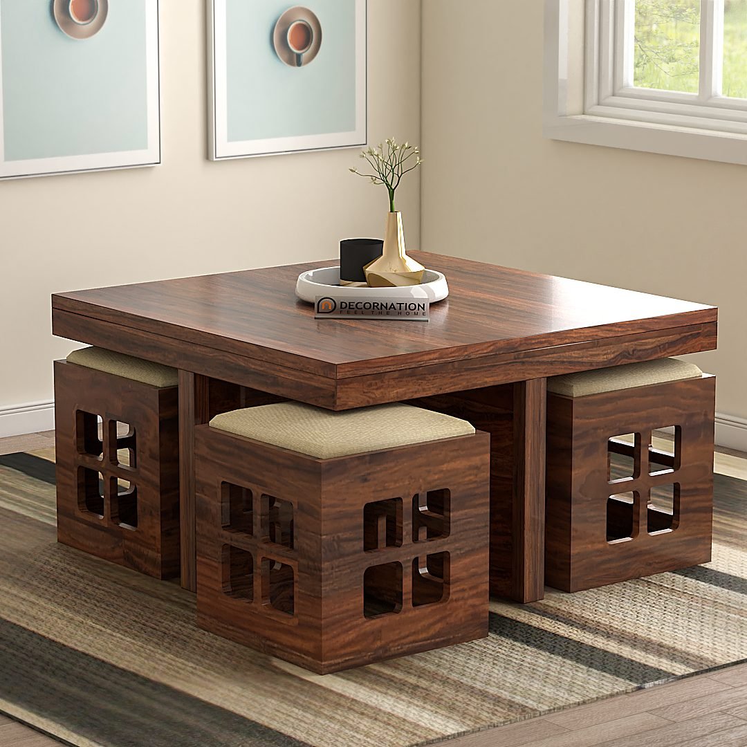 Edinburgh Coffee Table with 4 Cubical Stools – Natural Finish