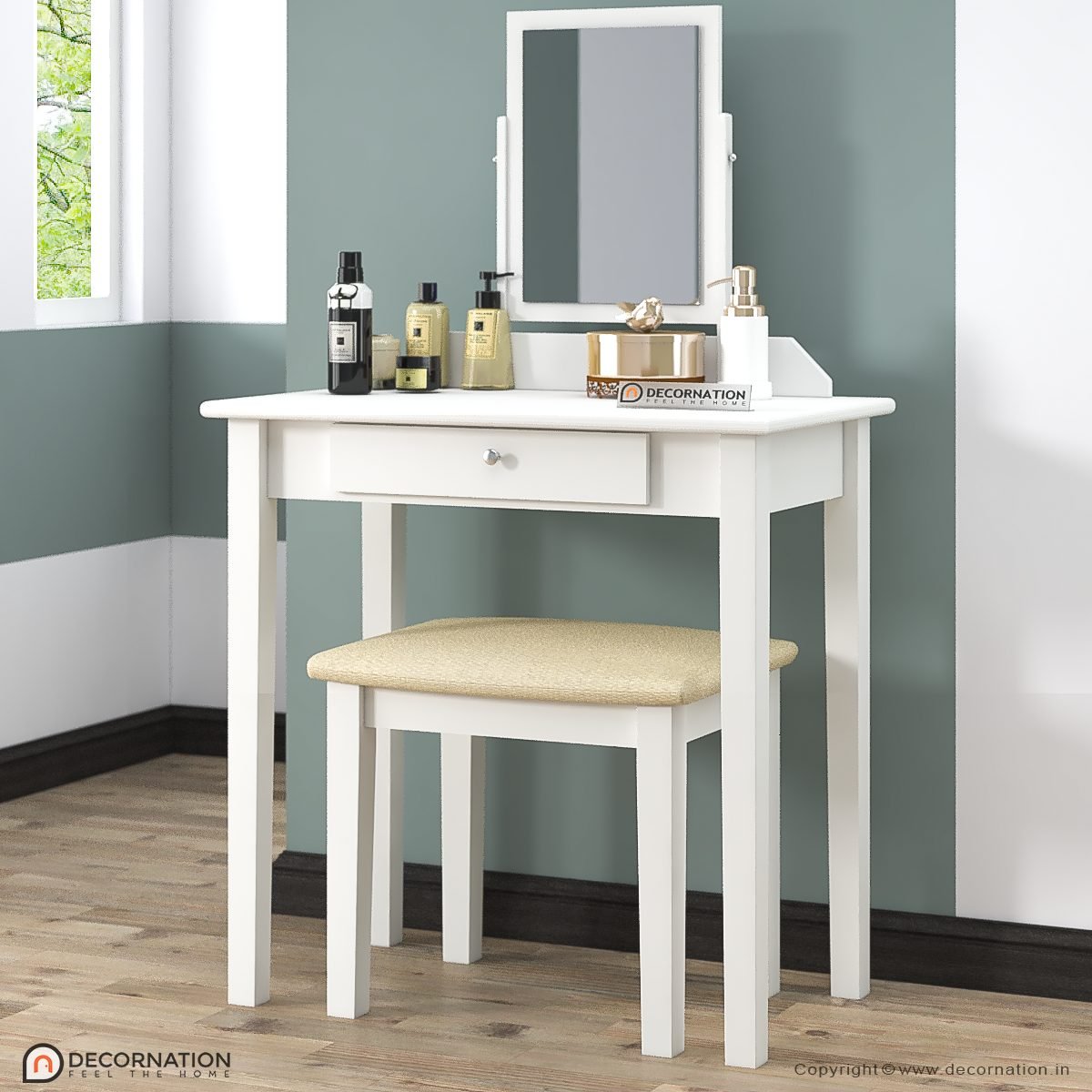 Sakine Dressing Table & Chair Set with Drawer Storage – White