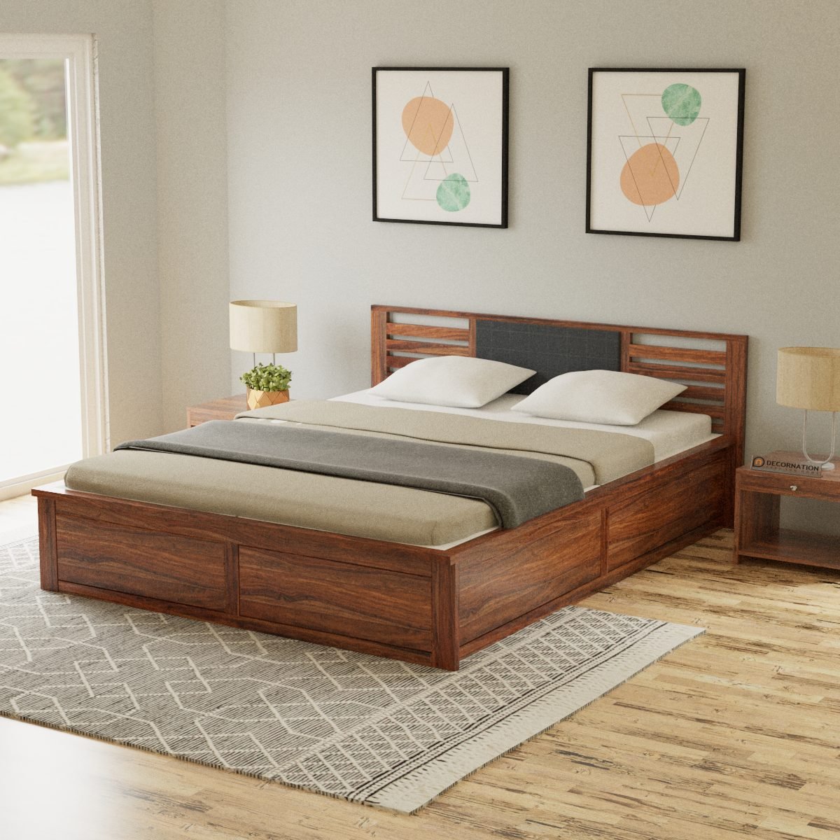 Ezra Wood Queen Size Bed With Cushioned Headboard & Storage